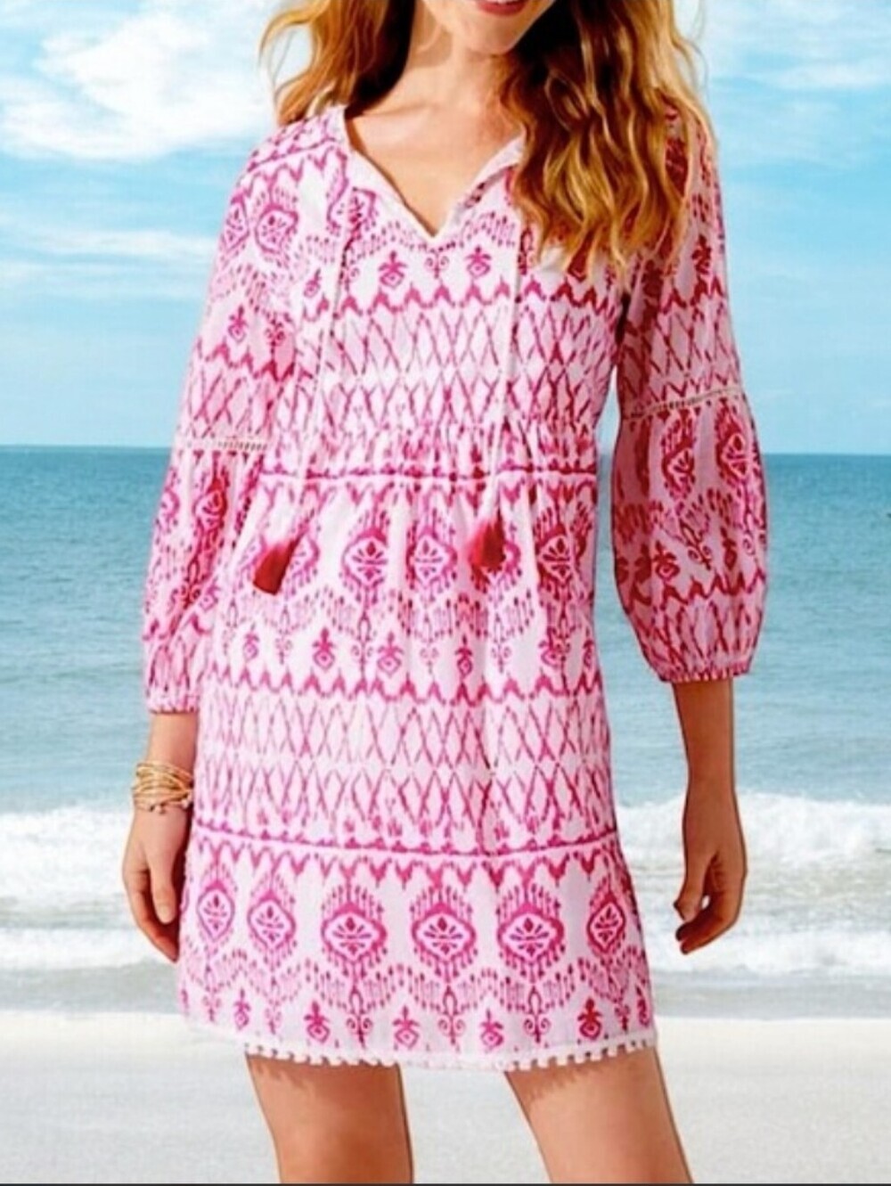 Tommy Bahama 100% Cotton White Pink Printed Swim Coverup Tunic Tribal